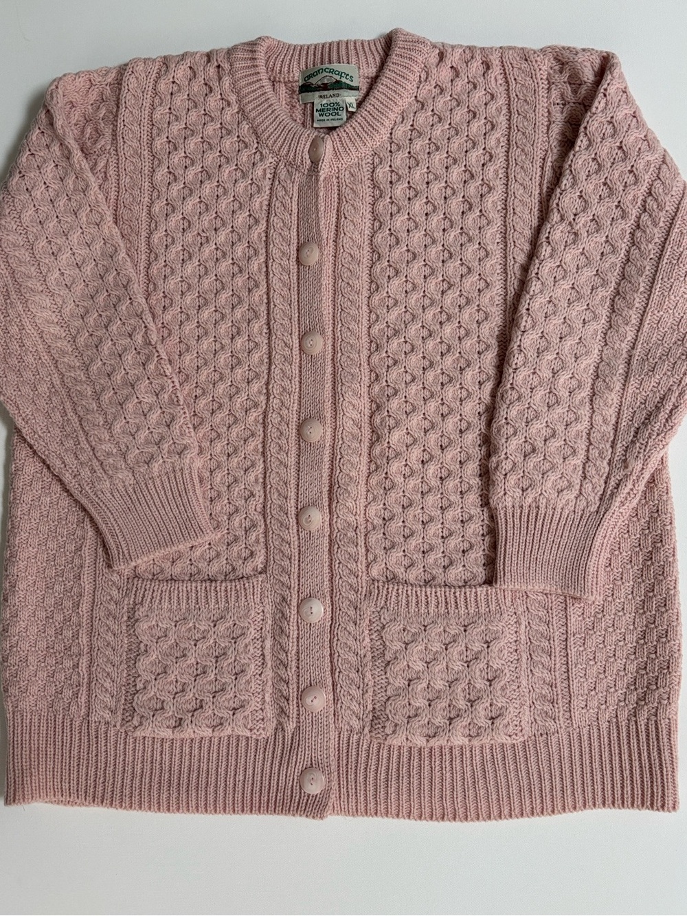 Aran Crafts Cable Knit Merino Wool Made in Ireland  Button-Front Cardigan Pink